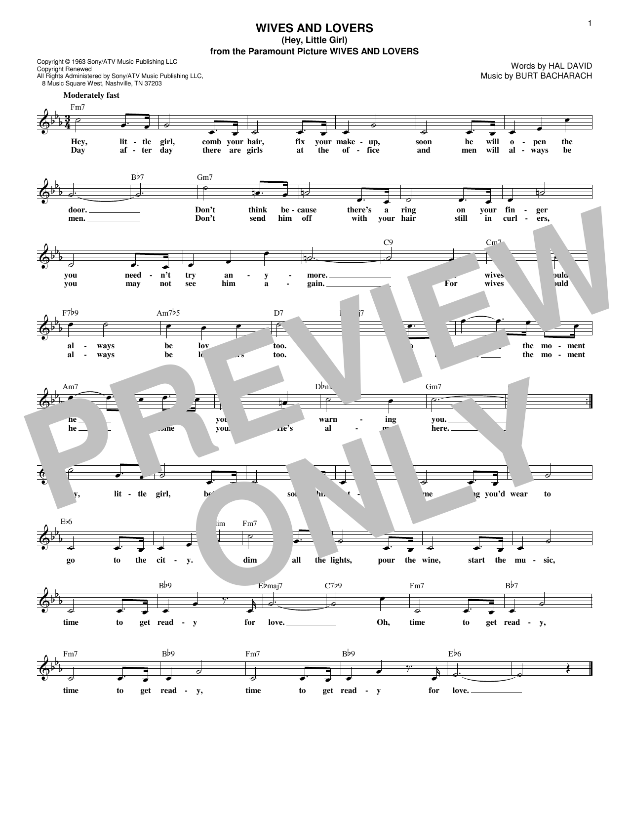 Burt Bacharach Wives And Lovers (Hey, Little Girl) sheet music notes and chords. Download Printable PDF.