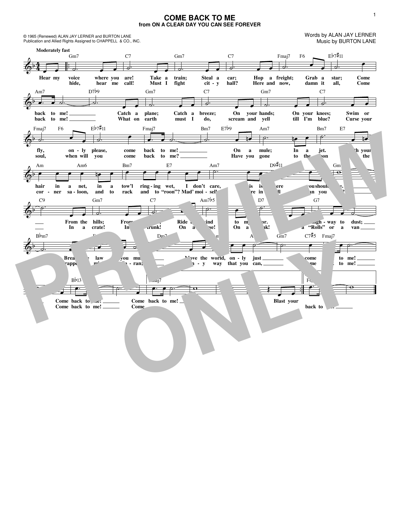 Burton Lane Come Back To Me sheet music notes and chords arranged for Lead Sheet / Fake Book