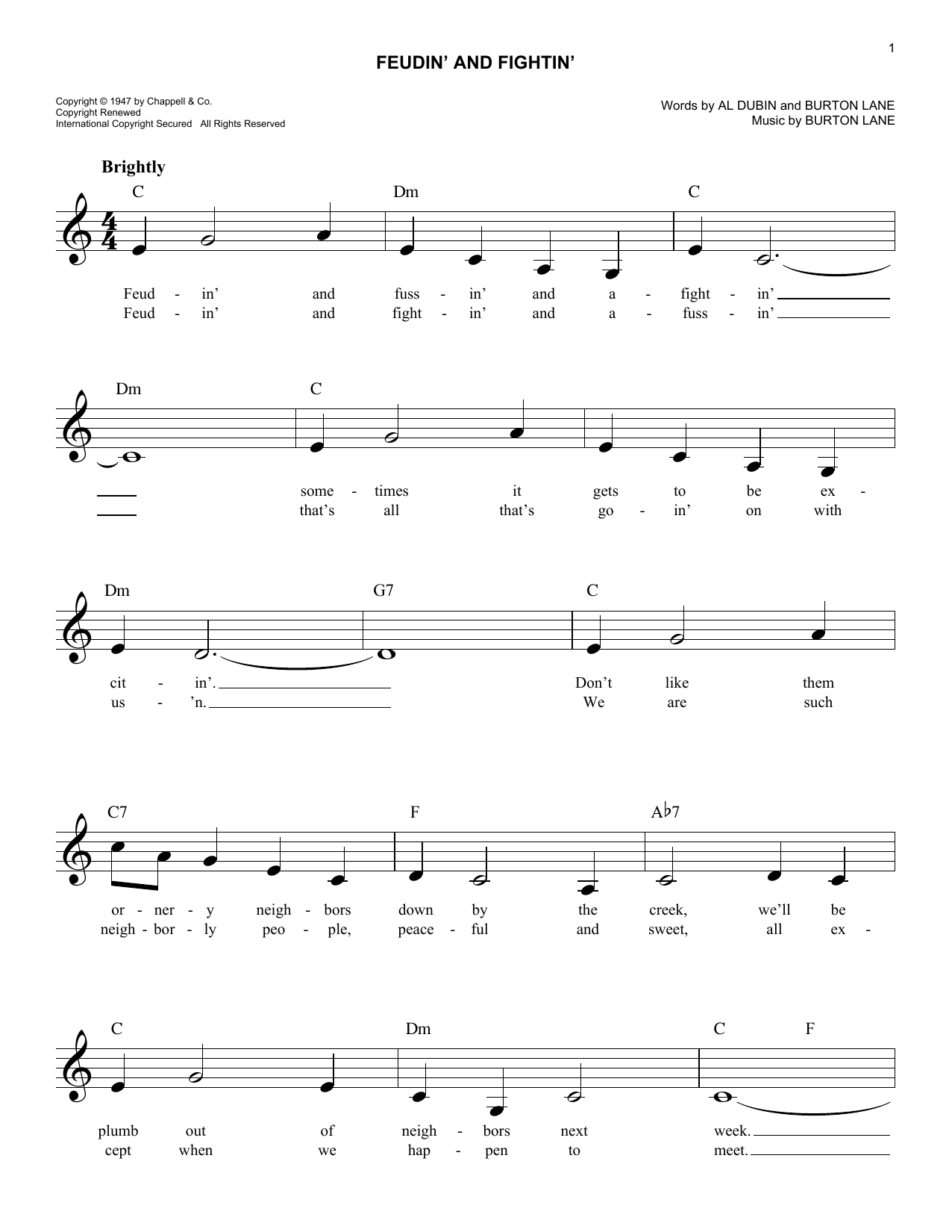 Burton Lane Feudin' And Fightin' sheet music notes and chords arranged for Lead Sheet / Fake Book