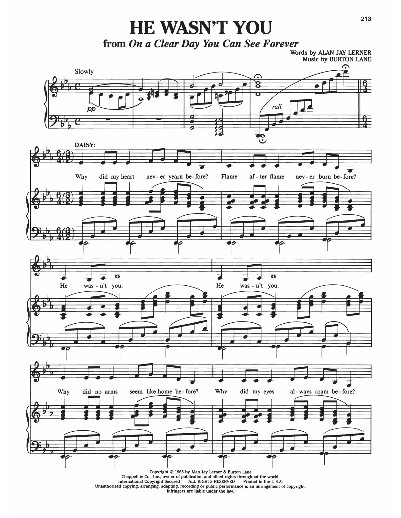 Burton Lane He Wasn't You (from On A Clear Day You Can See Forever) sheet music notes and chords arranged for Piano & Vocal