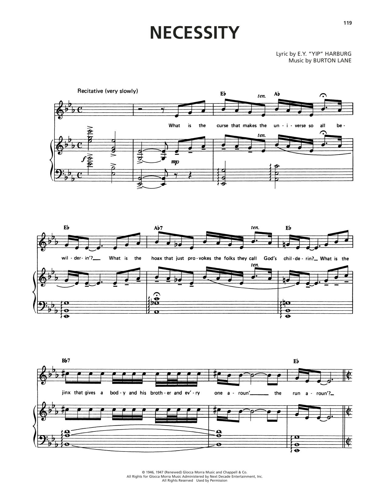 Burton Lane Necessity (from Finian's Rainbow) sheet music notes and chords arranged for Piano, Vocal & Guitar Chords (Right-Hand Melody)