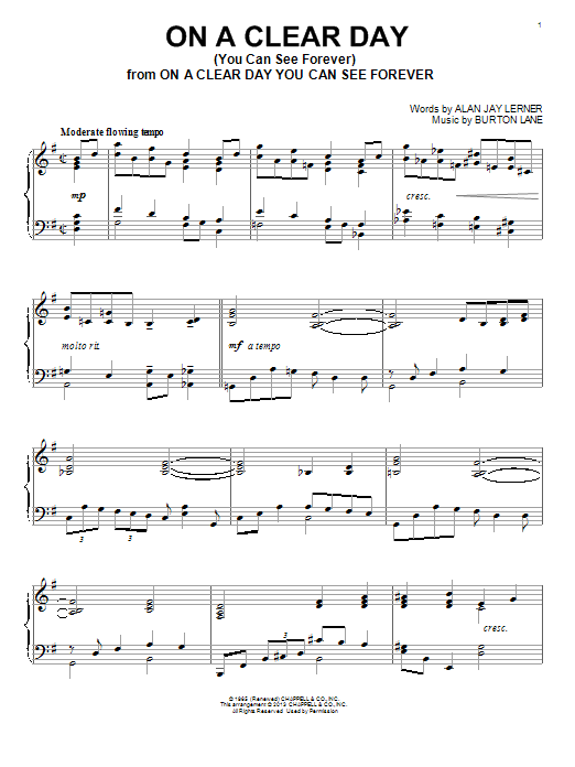Burton Lane On A Clear Day (You Can See Forever) sheet music notes and chords arranged for Piano Solo