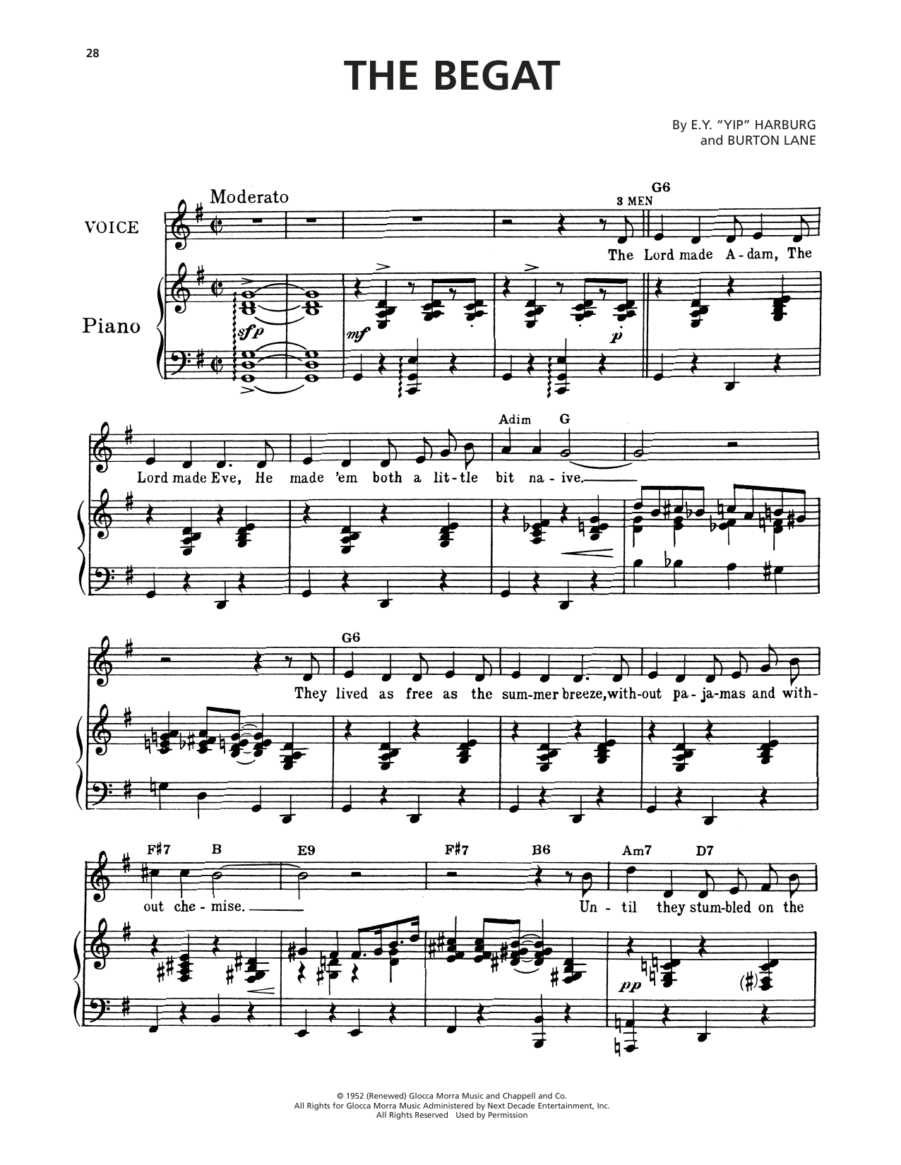 Burton Lane The Begat (from Finian's Rainbow) sheet music notes and chords arranged for Piano, Vocal & Guitar Chords (Right-Hand Melody)