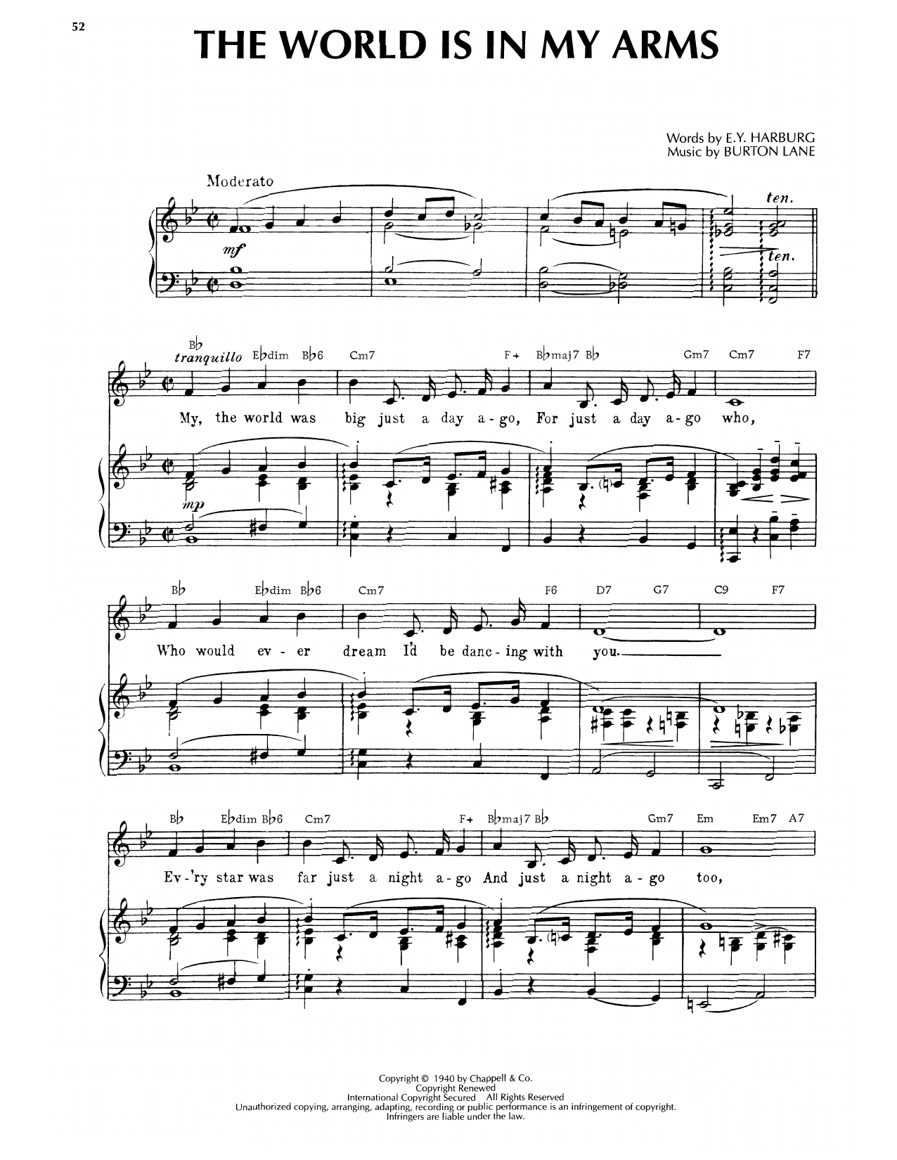 Burton Lane The World Is In My Arms sheet music notes and chords arranged for Piano, Vocal & Guitar Chords (Right-Hand Melody)