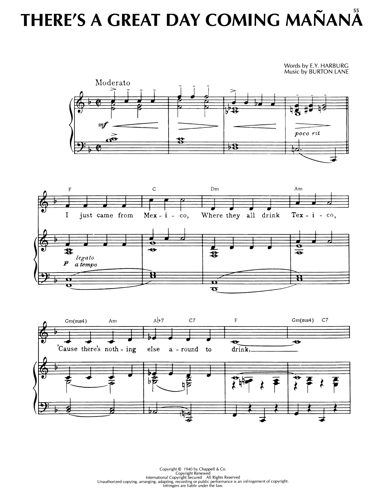 Burton Lane There's A Great Day Coming Manana (from Hold On To Your Hats) sheet music notes and chords arranged for Piano, Vocal & Guitar Chords (Right-Hand Melody)