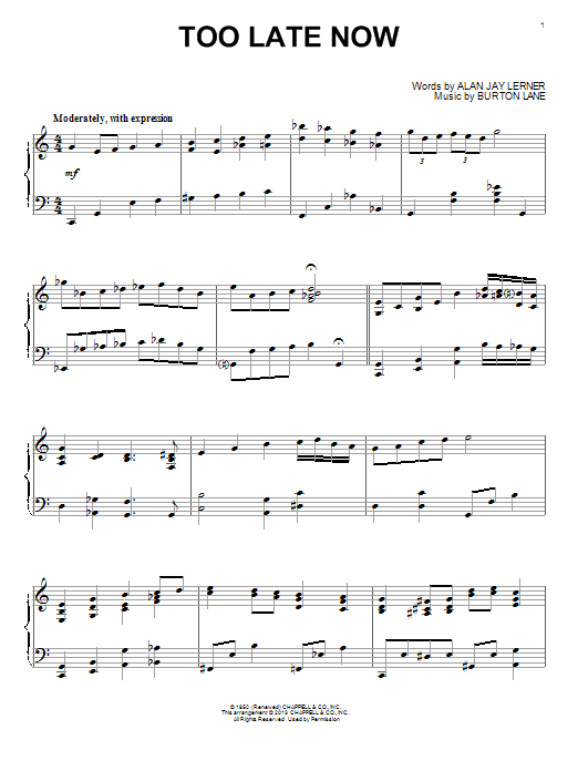 Burton Lane Too Late Now sheet music notes and chords arranged for Piano Solo