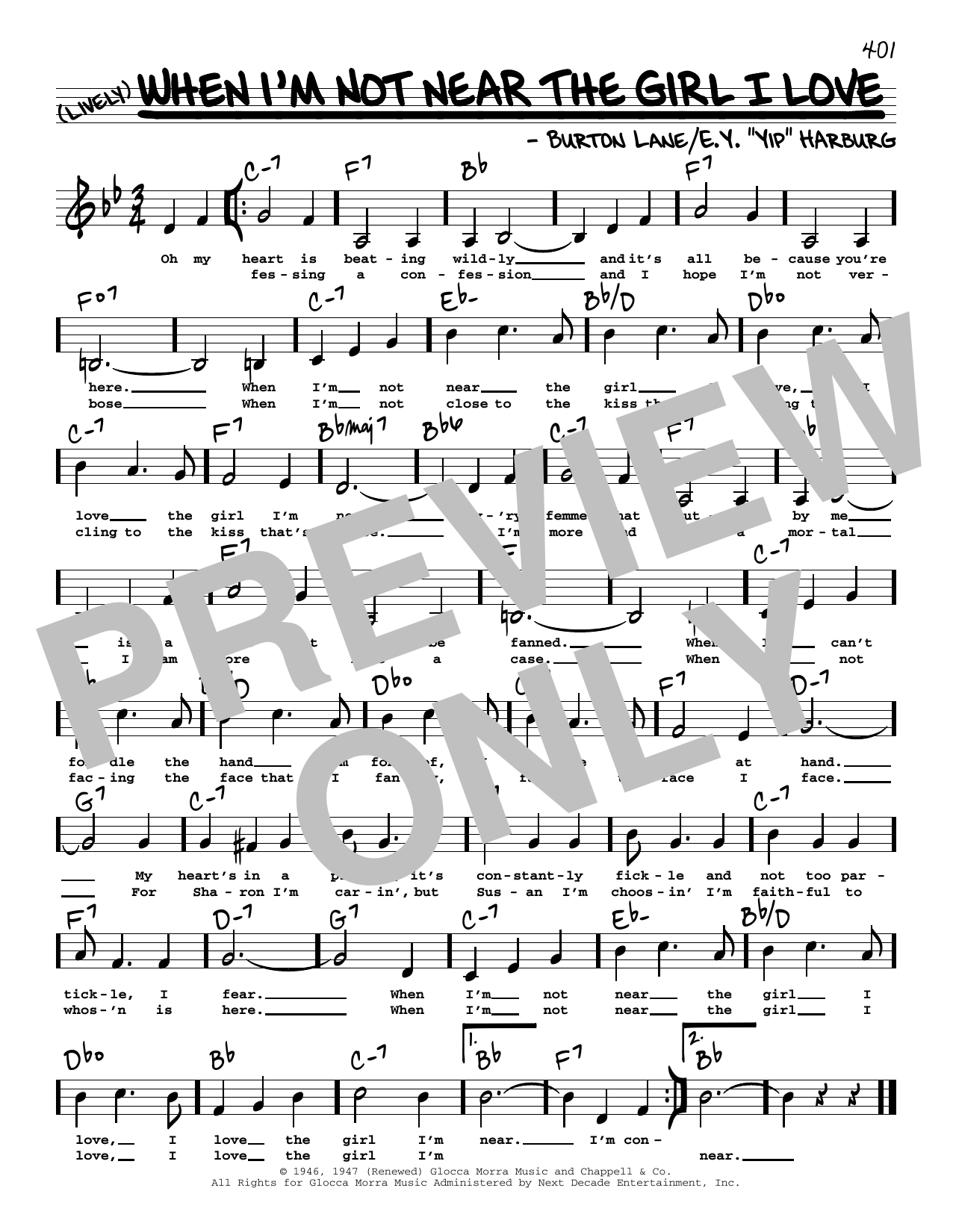 Burton Lane When I'm Not Near The Girl I Love (Low Voice) sheet music notes and chords arranged for Real Book – Melody, Lyrics & Chords