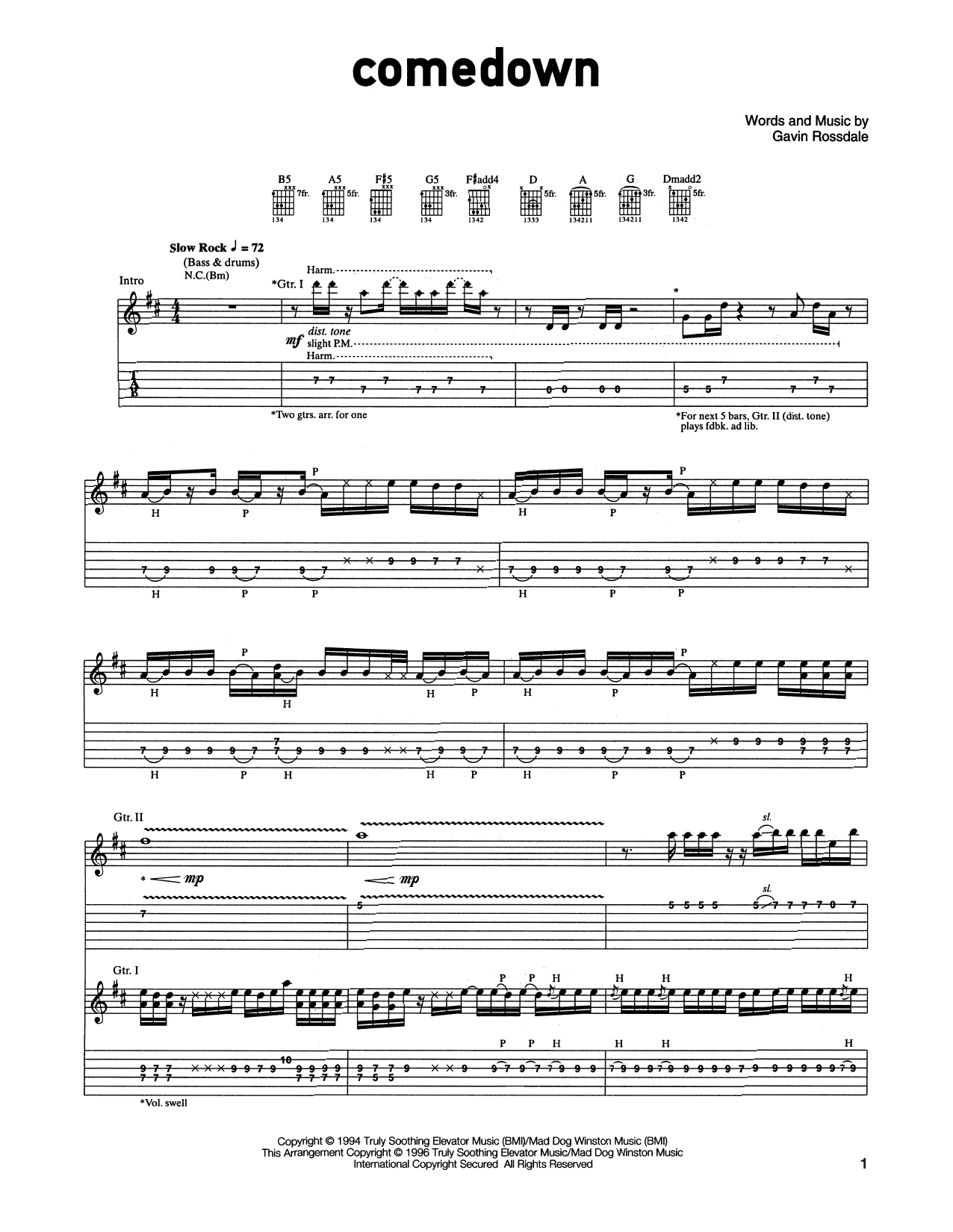 Bush Comedown sheet music notes and chords arranged for Guitar Tab