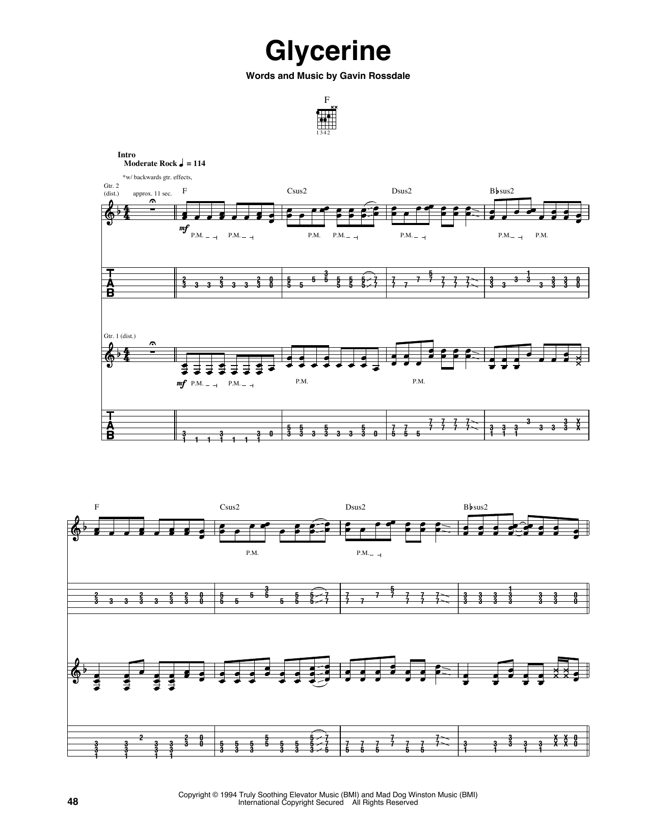 Bush Glycerine sheet music notes and chords arranged for Guitar Tab