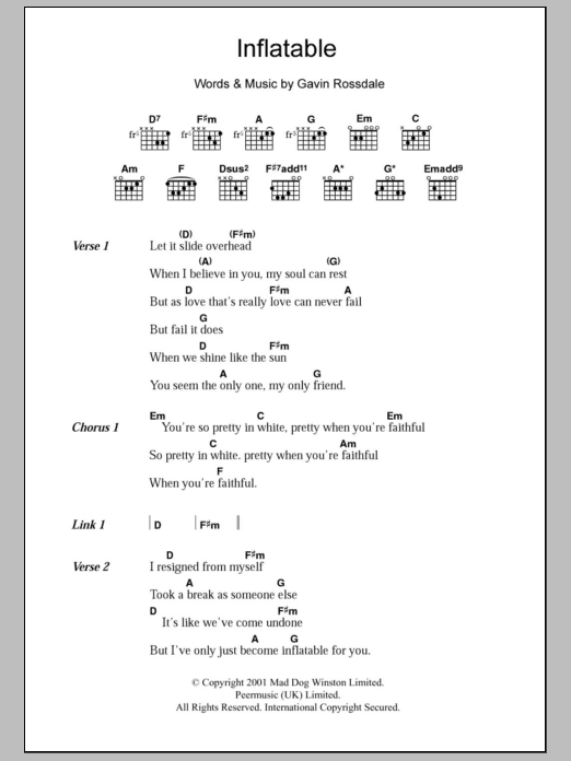 Bush Inflatable sheet music notes and chords arranged for Guitar Chords/Lyrics