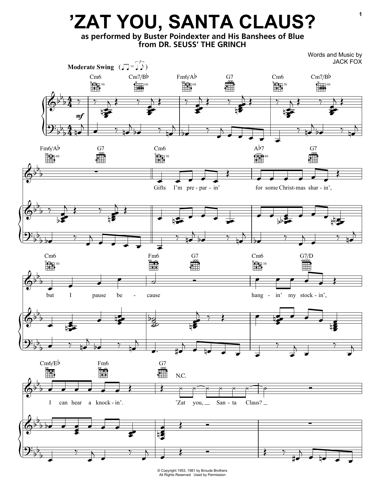Buster Poindexter and His Banshees of Blue 'Zat You, Santa Claus? (from The Grinch) sheet music notes and chords arranged for Piano, Vocal & Guitar Chords (Right-Hand Melody)