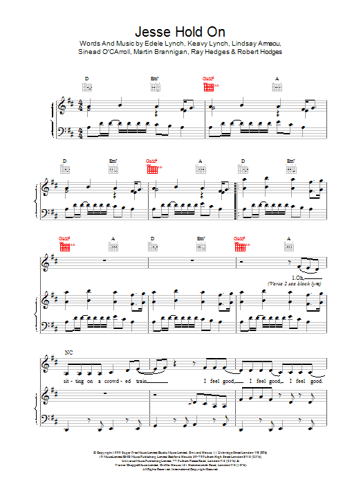 BWitched Jesse Hold On sheet music notes and chords arranged for Piano, Vocal & Guitar Chords