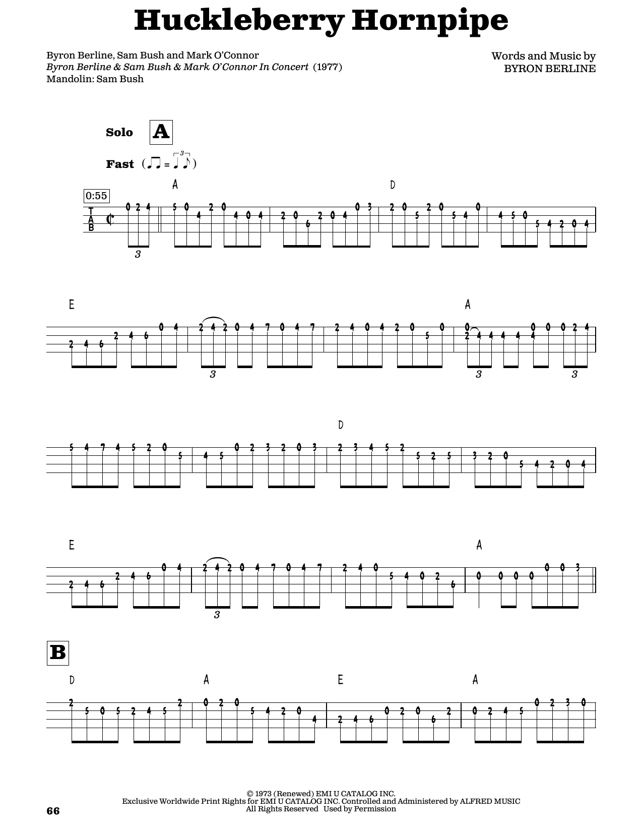 Byron Berline Huckleberry Hornpipe sheet music notes and chords arranged for Mandolin