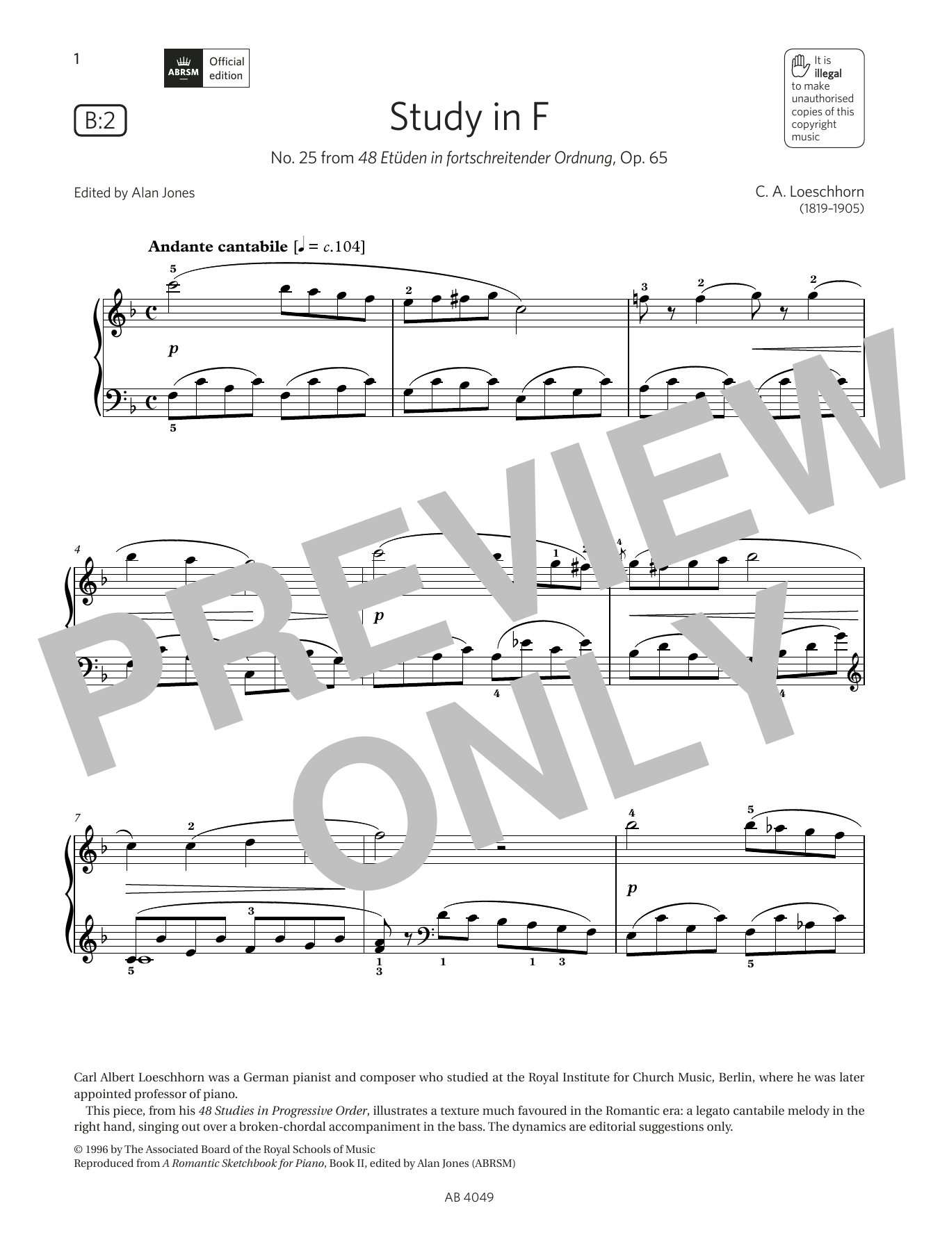 C A Loeschhorn Study in F (Grade 3, list B2, from the ABRSM Piano Syllabus 2023 & 2024) sheet music notes and chords arranged for Piano Solo
