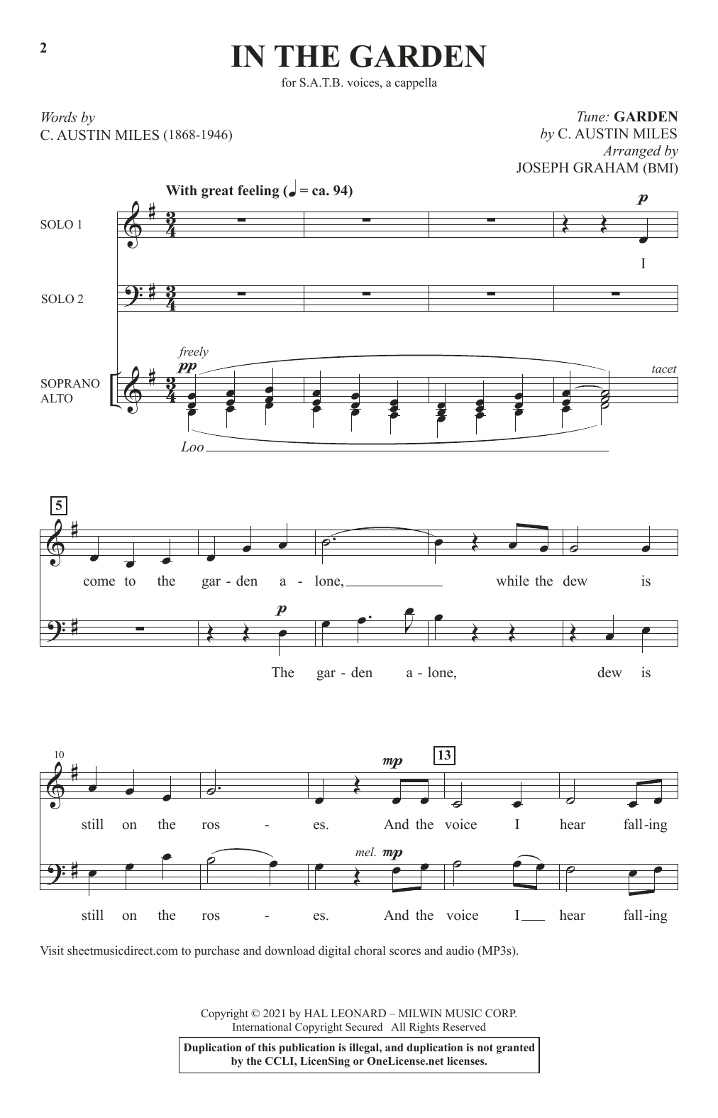 C. Austin Miles In The Garden (arr. Joseph Graham) sheet music notes and chords arranged for SATB Choir