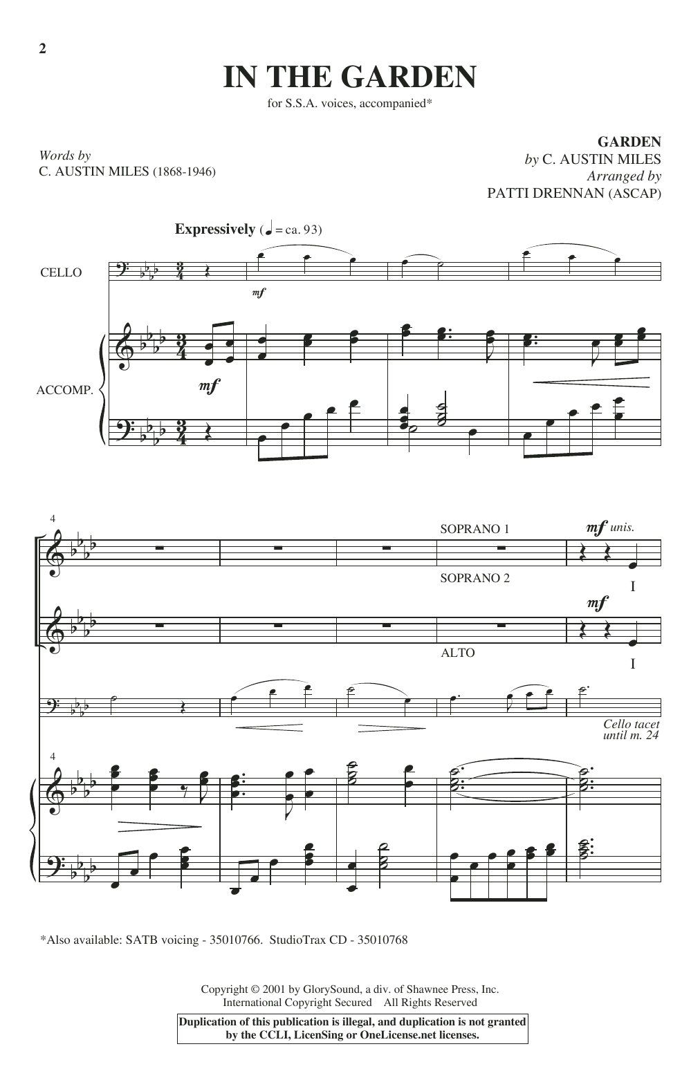 C. Austin Miles In The Garden (arr. Patti Drennan) sheet music notes and chords arranged for SSA Choir