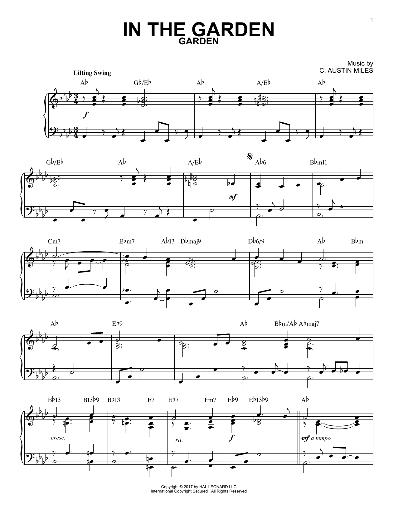C. Austin Miles In The Garden [Jazz version] sheet music notes and chords arranged for Piano Solo