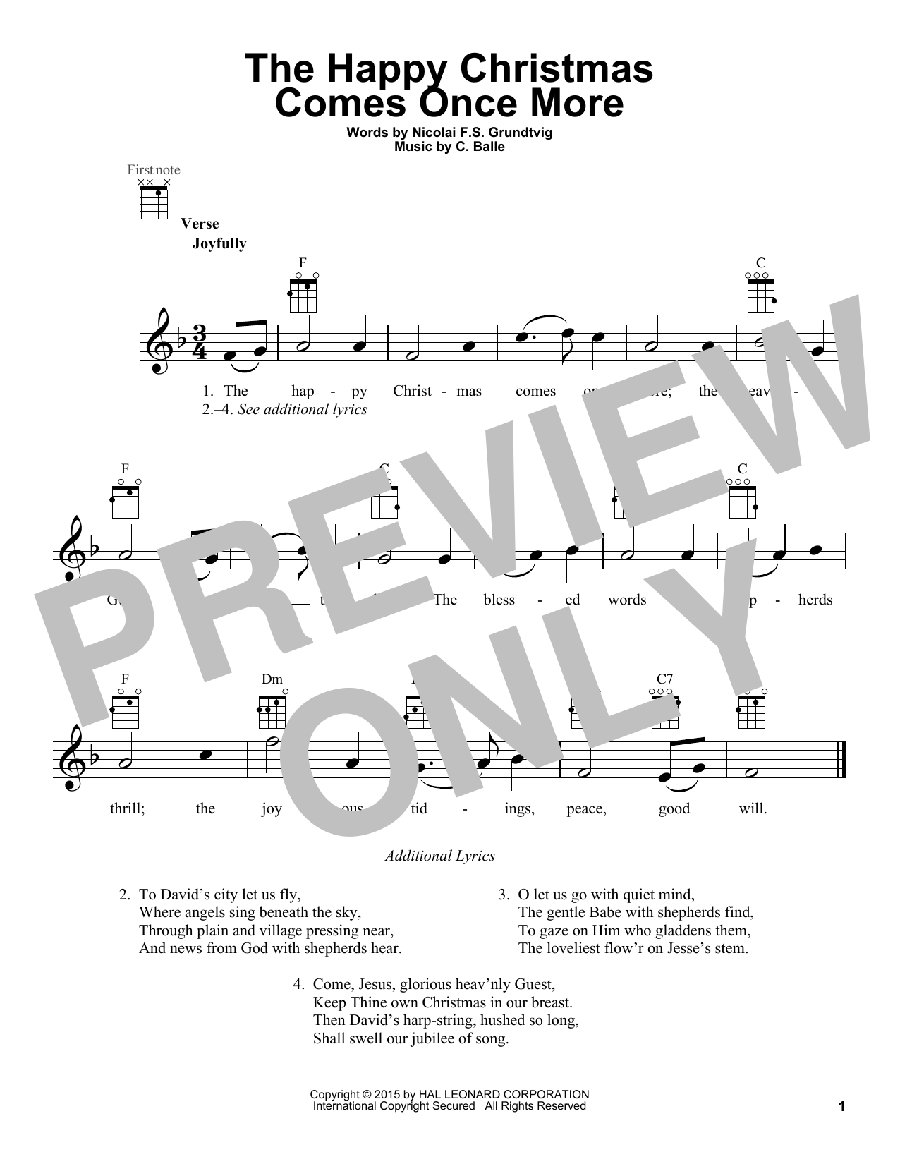 C. Balle The Happy Christmas Comes Once More sheet music notes and chords arranged for Ukulele