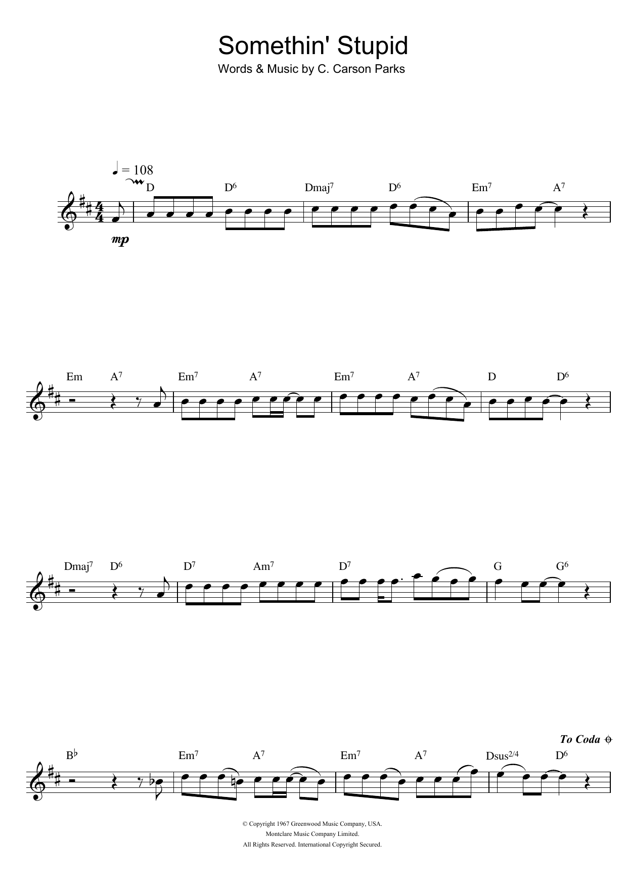 C. Carson Parks Somethin' Stupid sheet music notes and chords arranged for Flute Solo