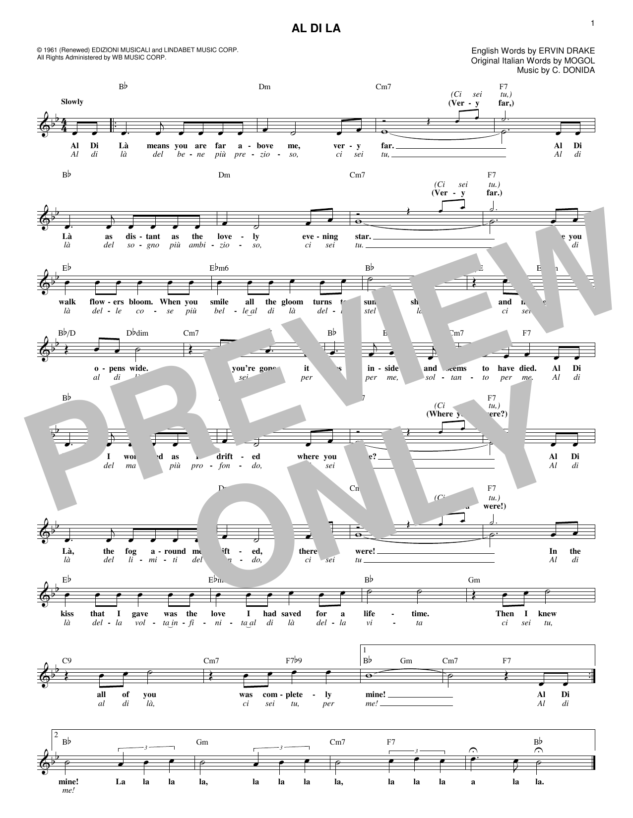 C. Donida Al Di La sheet music notes and chords arranged for Lead Sheet / Fake Book