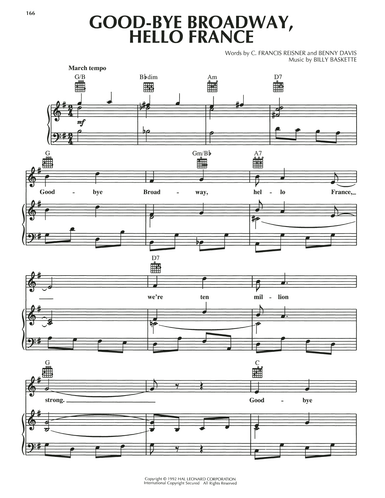 C. Francis Reisner Good-Bye Broadway, Hello France sheet music notes and chords arranged for Piano, Vocal & Guitar Chords (Right-Hand Melody)