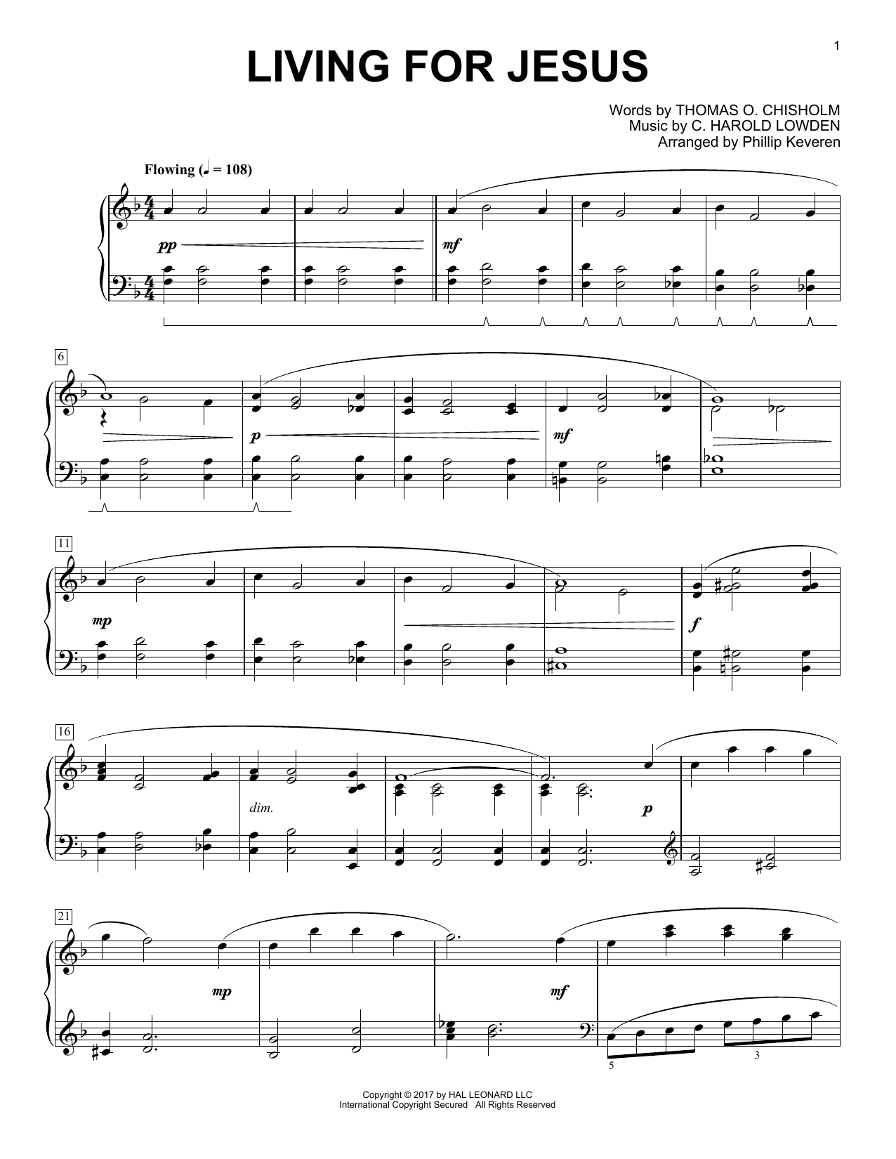 C. Harold Lowden Living For Jesus (arr. Phillip Keveren) sheet music notes and chords arranged for Piano Solo