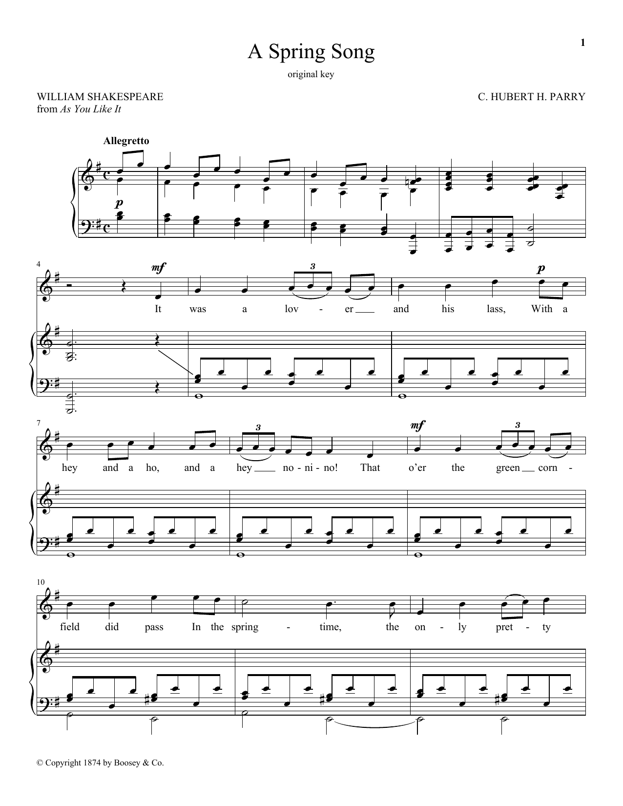 C. Hubert H. Parry A Spring Song, Op. 21, No. 2 sheet music notes and chords arranged for Piano & Vocal