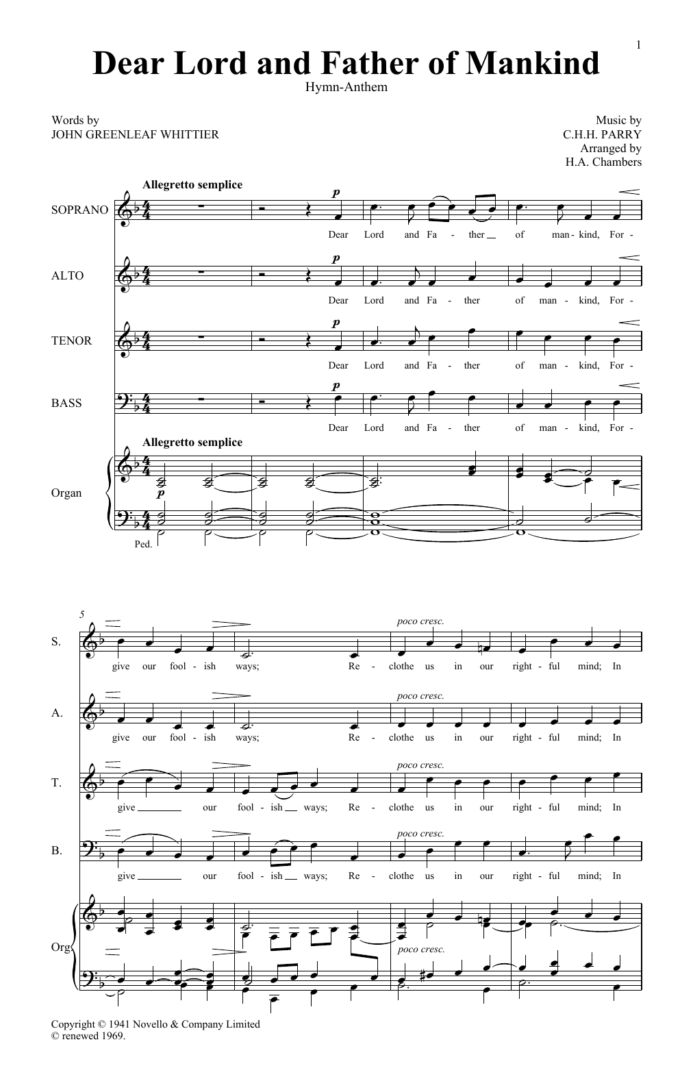 C. Hubert H. Parry Dear Lord And Father Of Mankind sheet music notes and chords arranged for SATB Choir