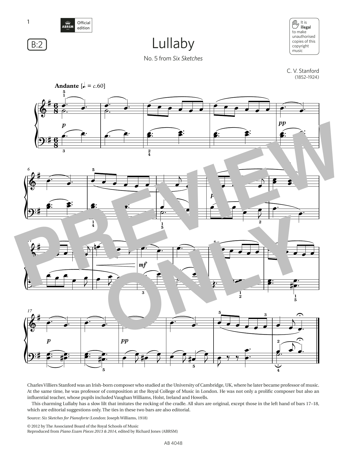 C V Stanford Lullaby (Grade 2, list B2, from the ABRSM Piano Syllabus 2023 & 2024) sheet music notes and chords arranged for Piano Solo