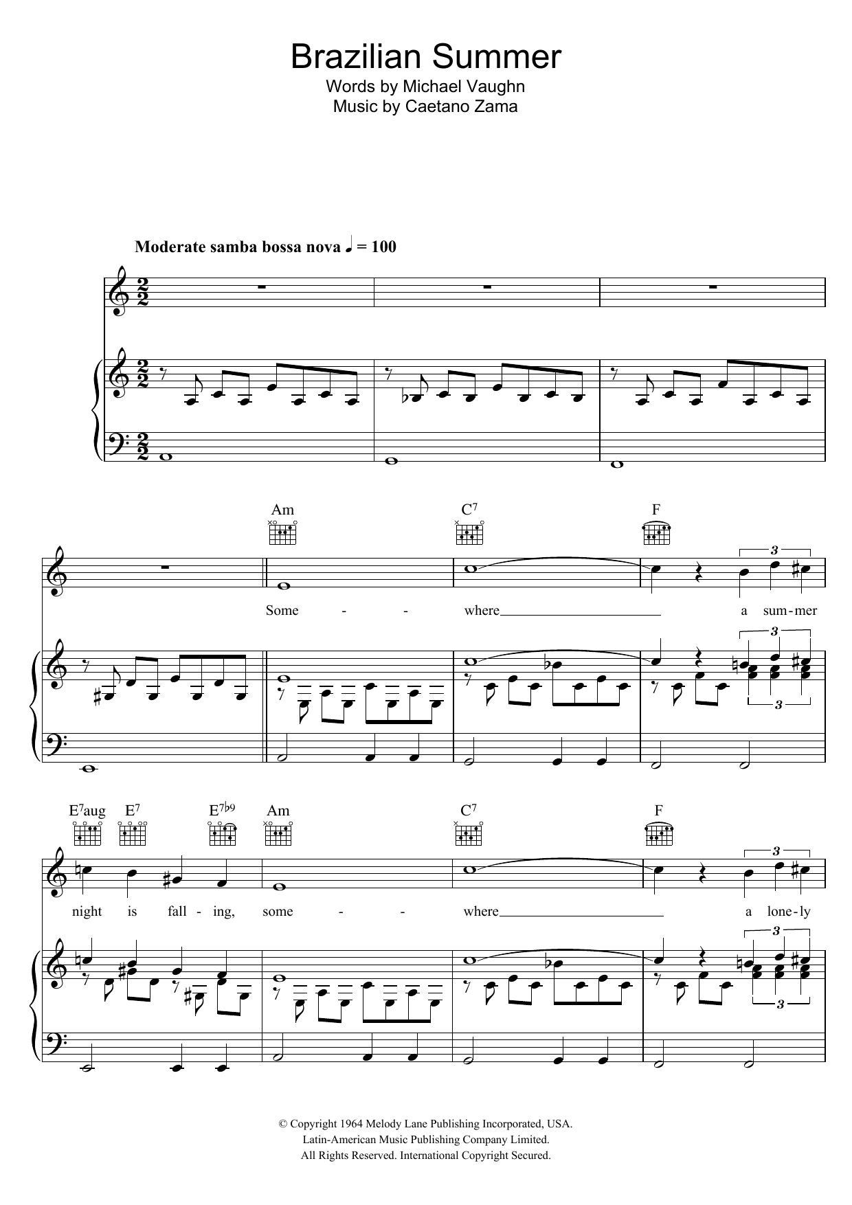 Caetano Zama Brazilian Summer sheet music notes and chords arranged for Piano, Vocal & Guitar Chords