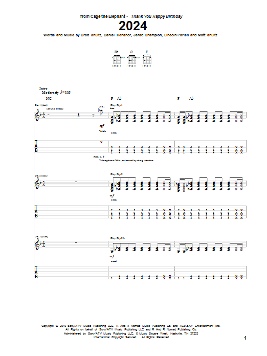 Cage The Elephant 2024 sheet music notes and chords arranged for Guitar Tab