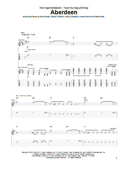 Cage The Elephant Aberdeen sheet music notes and chords arranged for Guitar Tab