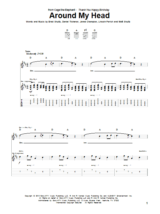 Cage The Elephant Around My Head sheet music notes and chords arranged for Guitar Tab