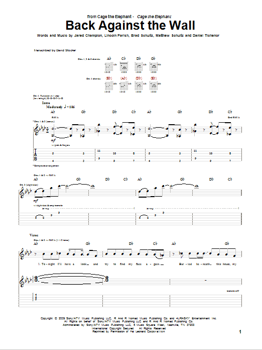 Cage The Elephant Back Against The Wall sheet music notes and chords arranged for Guitar Tab