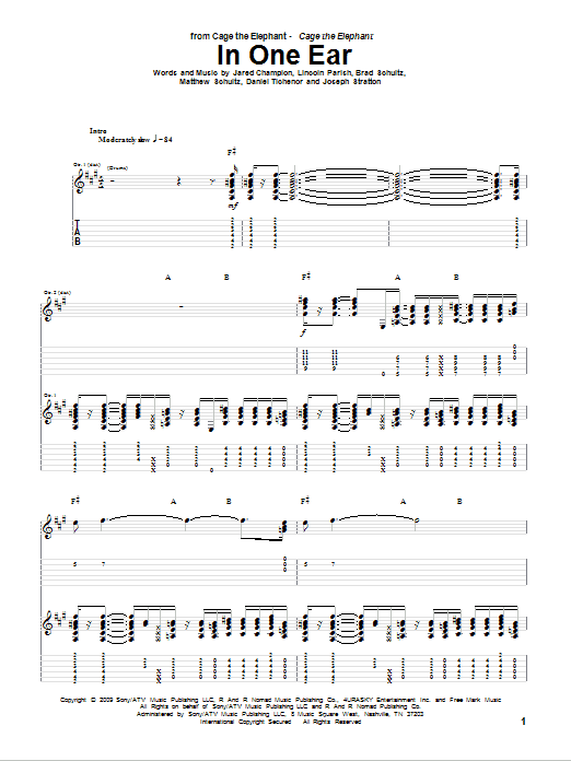 Cage The Elephant In One Ear sheet music notes and chords arranged for Guitar Tab