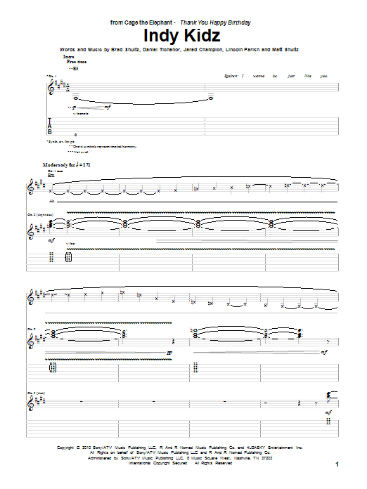 Cage The Elephant Indy Kidz sheet music notes and chords arranged for Guitar Tab