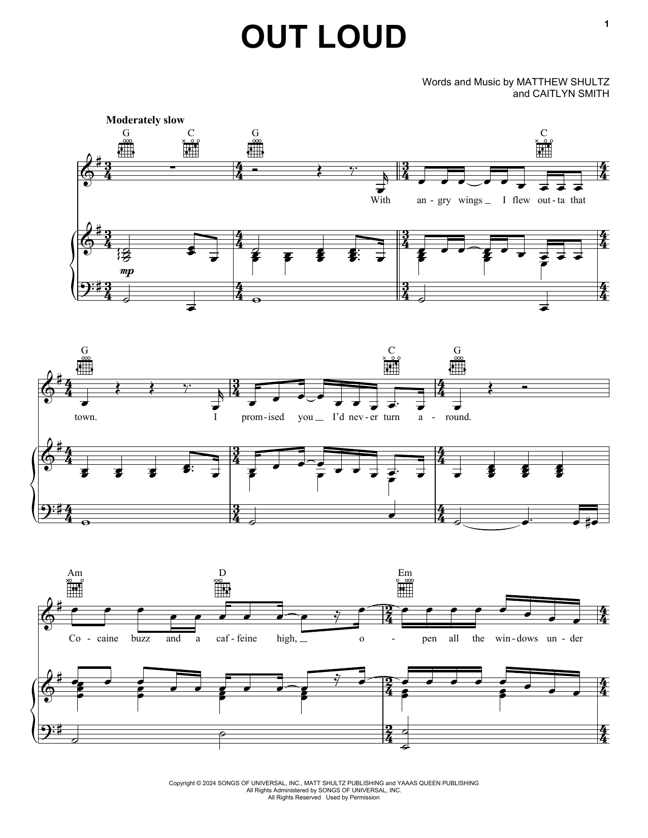 Cage The Elephant Out Loud sheet music notes and chords arranged for Piano, Vocal & Guitar Chords (Right-Hand Melody)