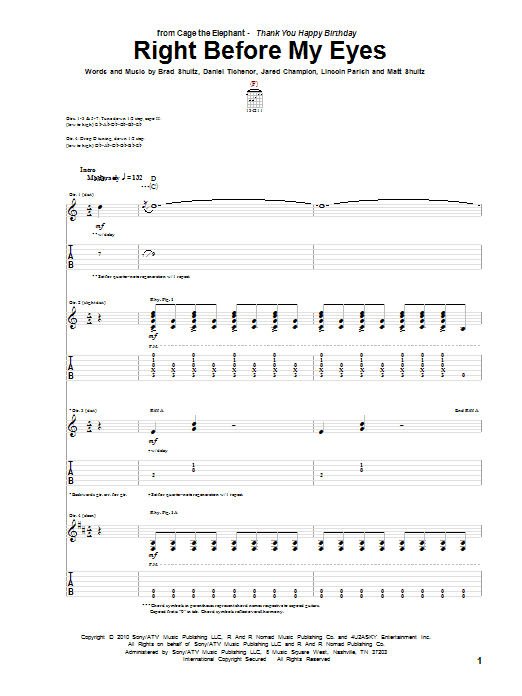 Cage The Elephant Right Before My Eyes sheet music notes and chords arranged for Guitar Tab