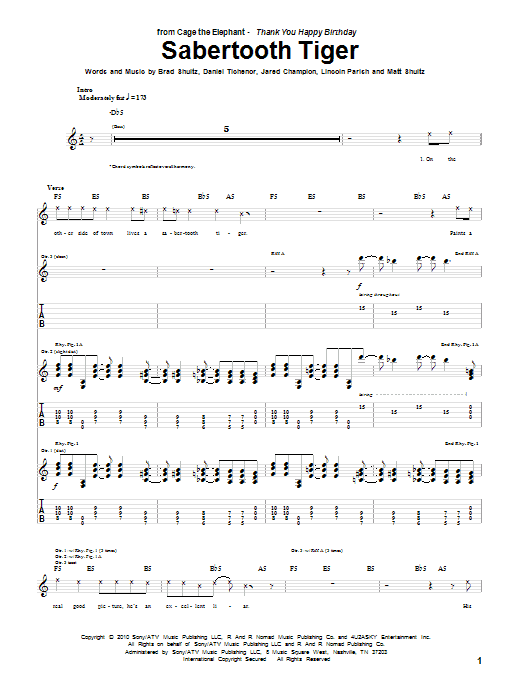 Cage The Elephant Sabertooth Tiger sheet music notes and chords arranged for Guitar Tab