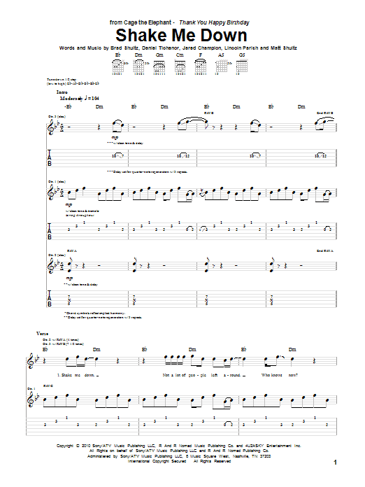 Cage The Elephant Shake Me Down sheet music notes and chords arranged for Guitar Tab