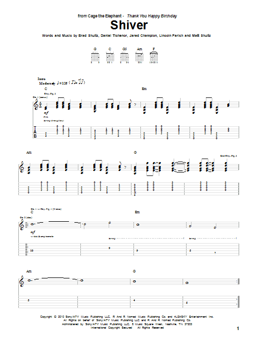 Cage The Elephant Shiver sheet music notes and chords arranged for Guitar Tab