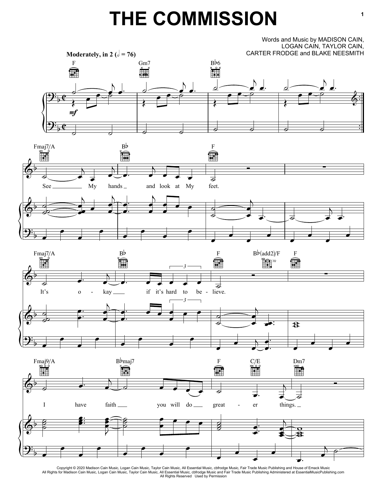 CAIN The Commission sheet music notes and chords arranged for Easy Piano