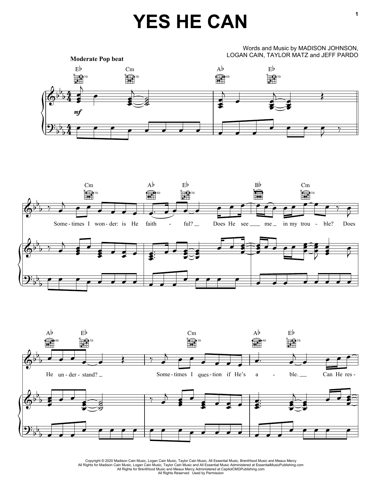 CAIN Yes He Can sheet music notes and chords arranged for Piano, Vocal & Guitar Chords (Right-Hand Melody)