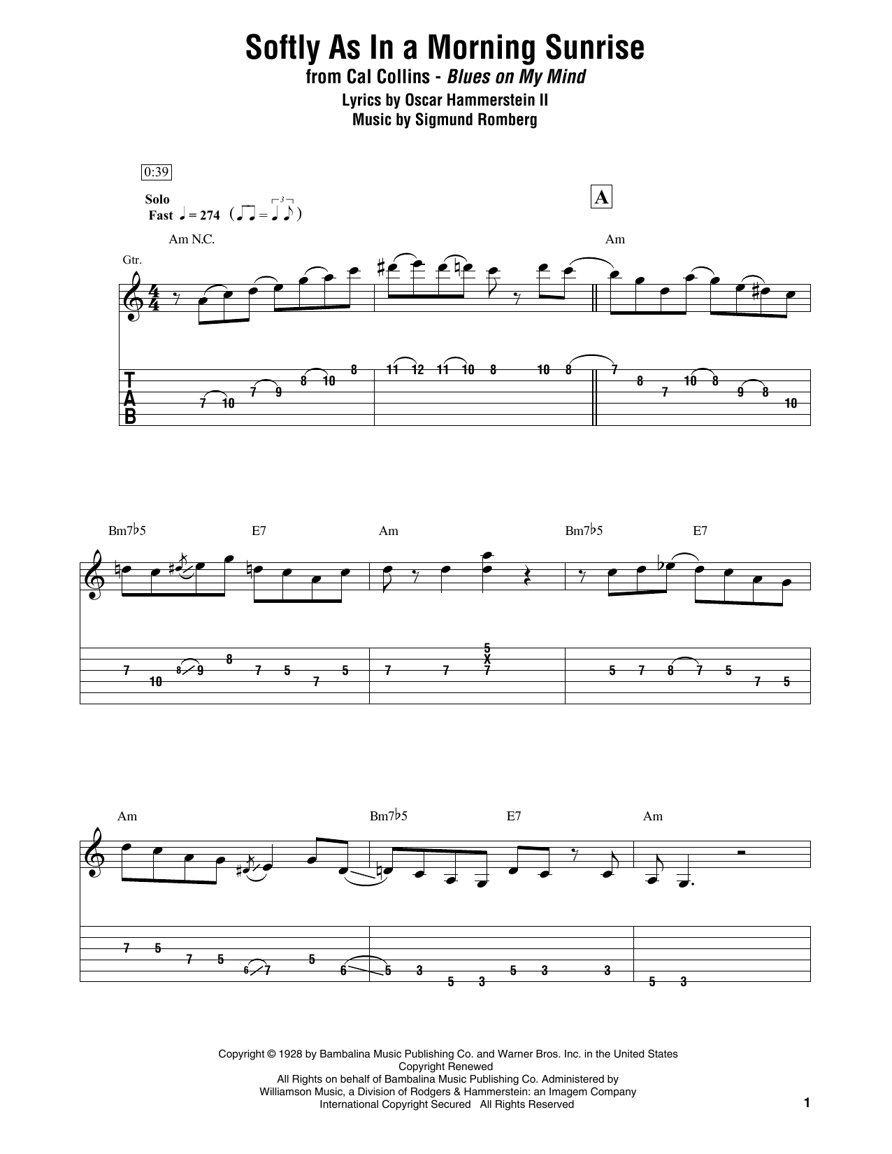 Cal Collins Softly As In A Morning Sunrise sheet music notes and chords arranged for Electric Guitar Transcription