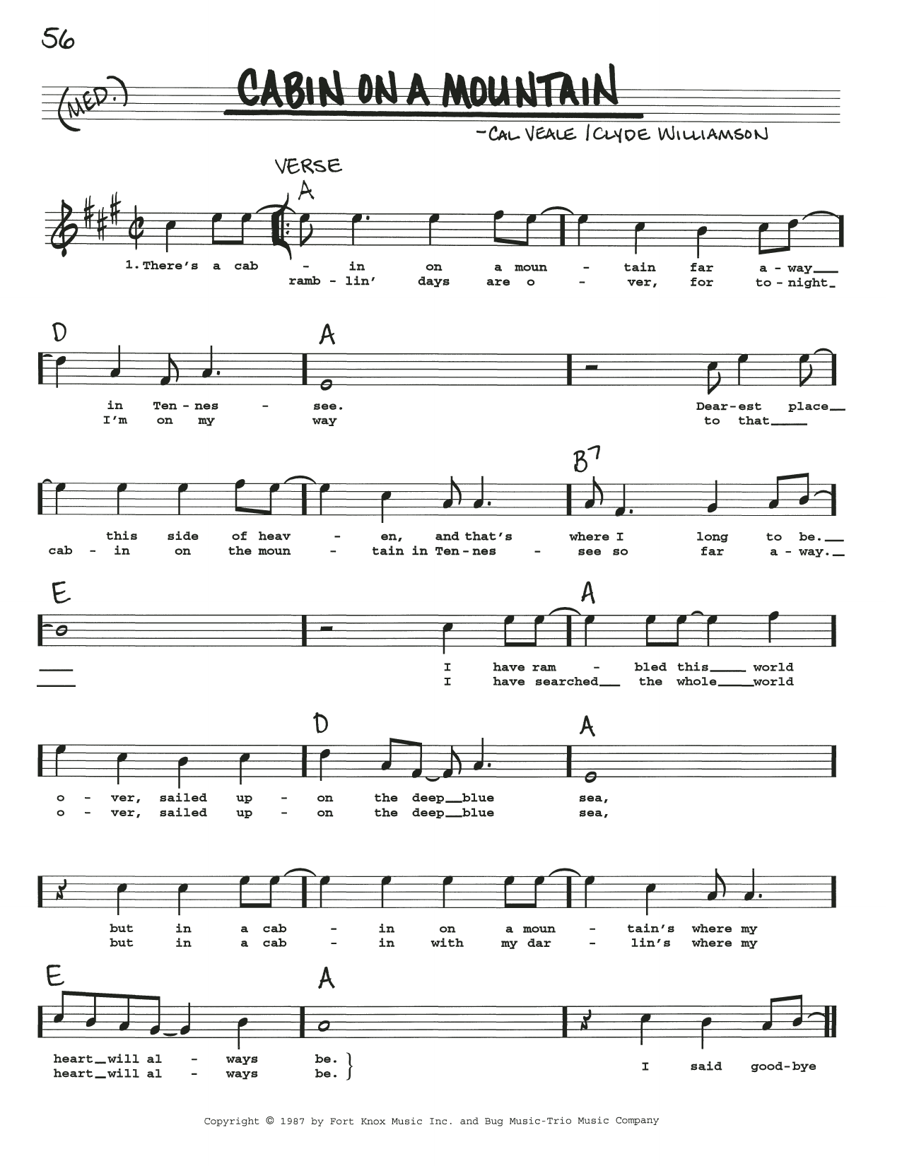 Cal Veale Cabin On A Mountain sheet music notes and chords arranged for Real Book – Melody, Lyrics & Chords