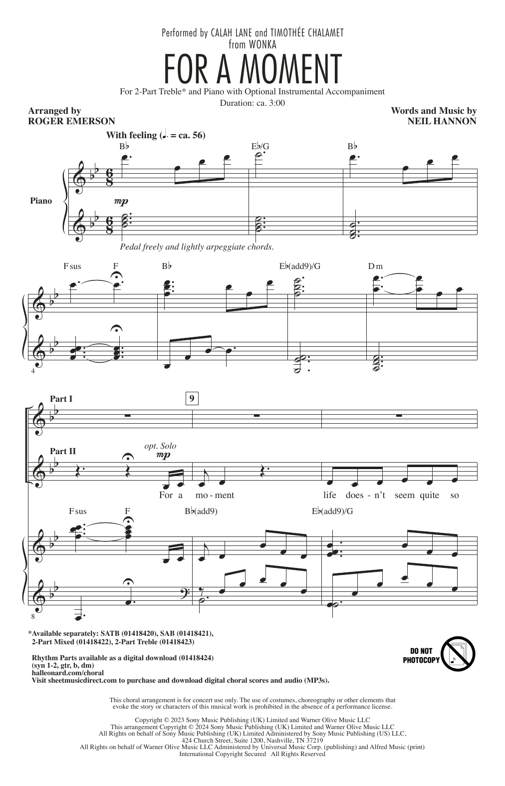 Calah Lane & Timothée Chalamet For A Moment (from Wonka) (arr. Roger Emerson) sheet music notes and chords arranged for SAB Choir