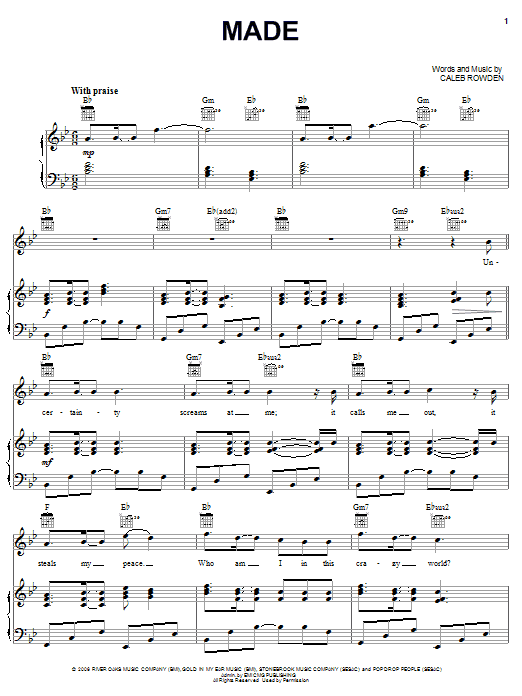 Caleb Rowden Made sheet music notes and chords arranged for Piano, Vocal & Guitar Chords (Right-Hand Melody)