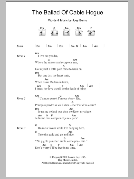 Calexico The Ballad Of Cable Hogue sheet music notes and chords arranged for Guitar Chords/Lyrics