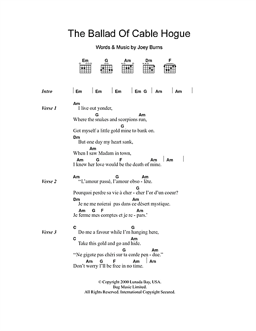 Calexico The Ballad Of Cable Hogue sheet music notes and chords arranged for Guitar Chords/Lyrics
