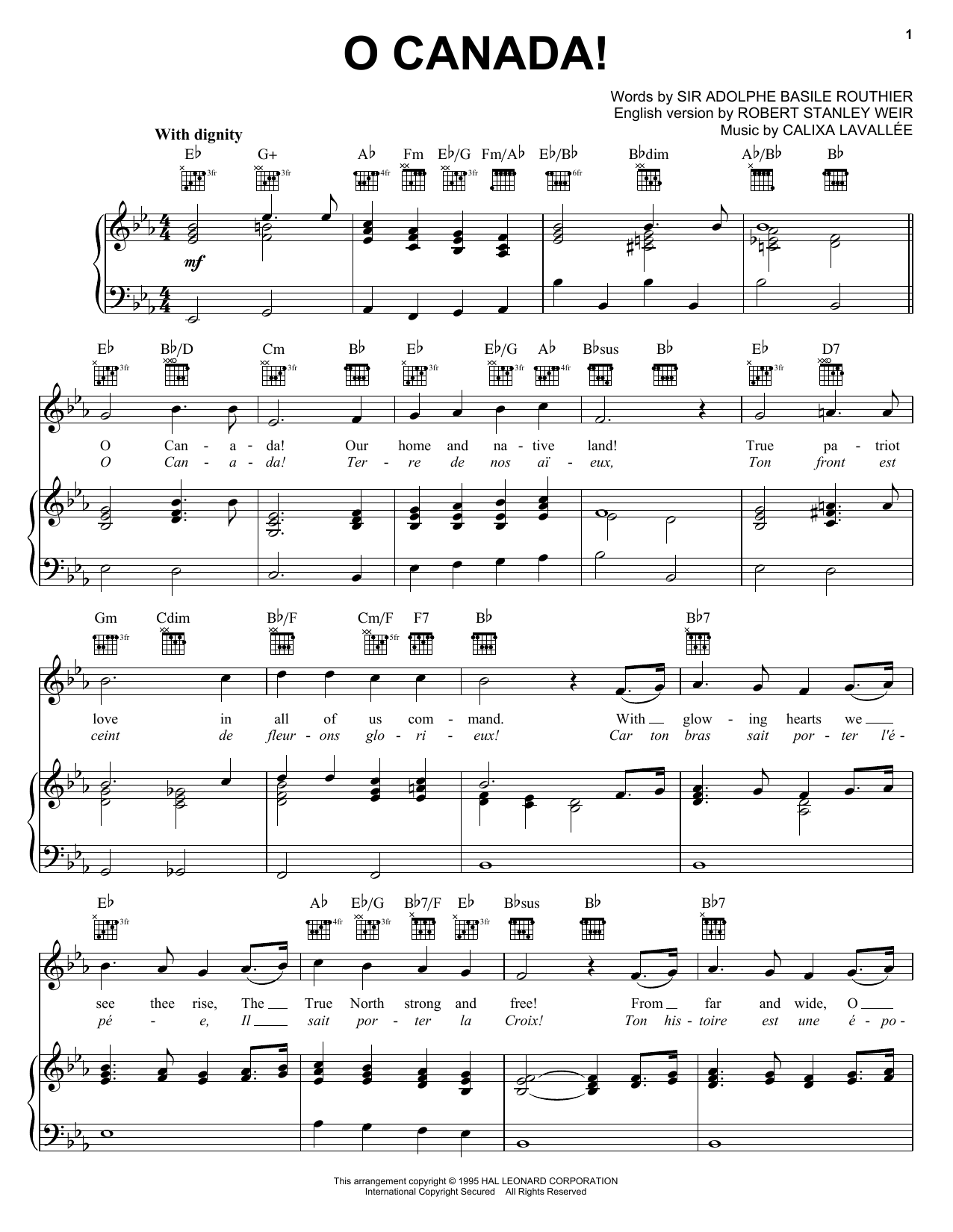 Calixa Lavallee O Canada! sheet music notes and chords arranged for Easy Piano